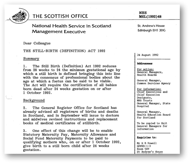 A screenshot of the front of the law The Still-Birth (Definition) Act 1992